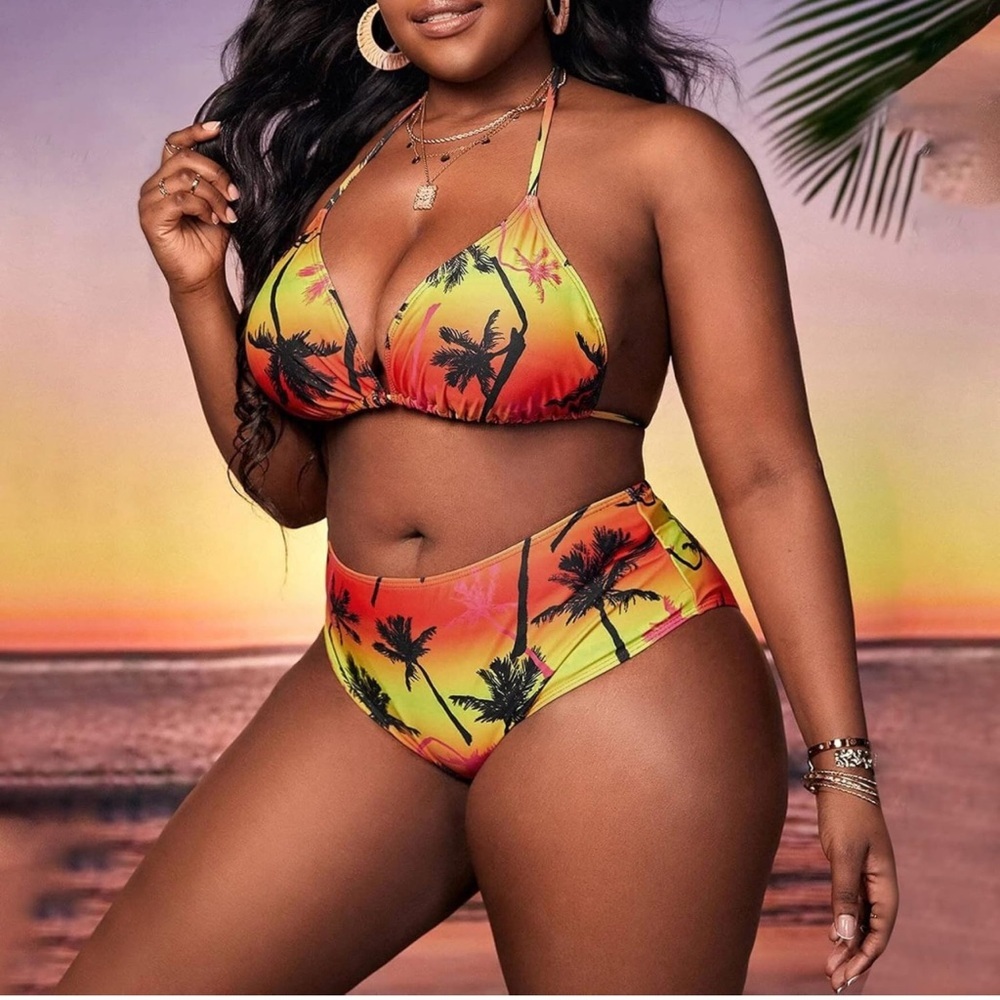 3pc Plus Size Tropical Print Halter Triangle Bikini Set with Cover Up - Picture 3 of 14